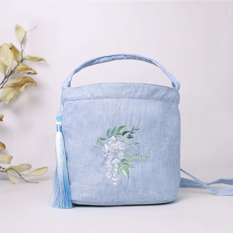 Buddha Stones刺繍藤梅蓮桜コットンリネンキャンバストートクロスボディバッグショルダーバッグハンドバッグ