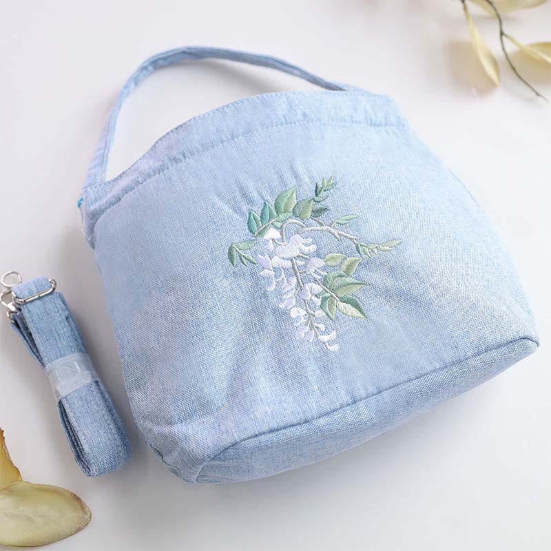Buddha Stones刺繍藤梅蓮桜コットンリネンキャンバストートクロスボディバッグショルダーバッグハンドバッグ