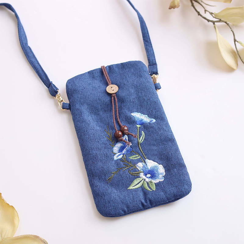 Buddha Stonesの小さな刺繍の花のクロスボディバッグ、ショルダーバッグ、携帯電話バッグ、11×20cm
