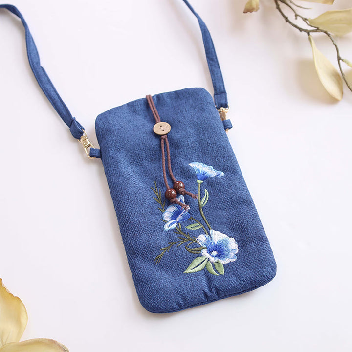 Buddha Stonesの小さな刺繍の花のクロスボディバッグ、ショルダーバッグ、携帯電話バッグ、11×20cm