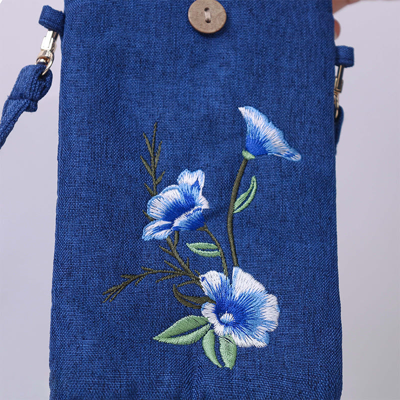 Buddha Stonesの小さな刺繍の花のクロスボディバッグ、ショルダーバッグ、携帯電話バッグ、11×20cm