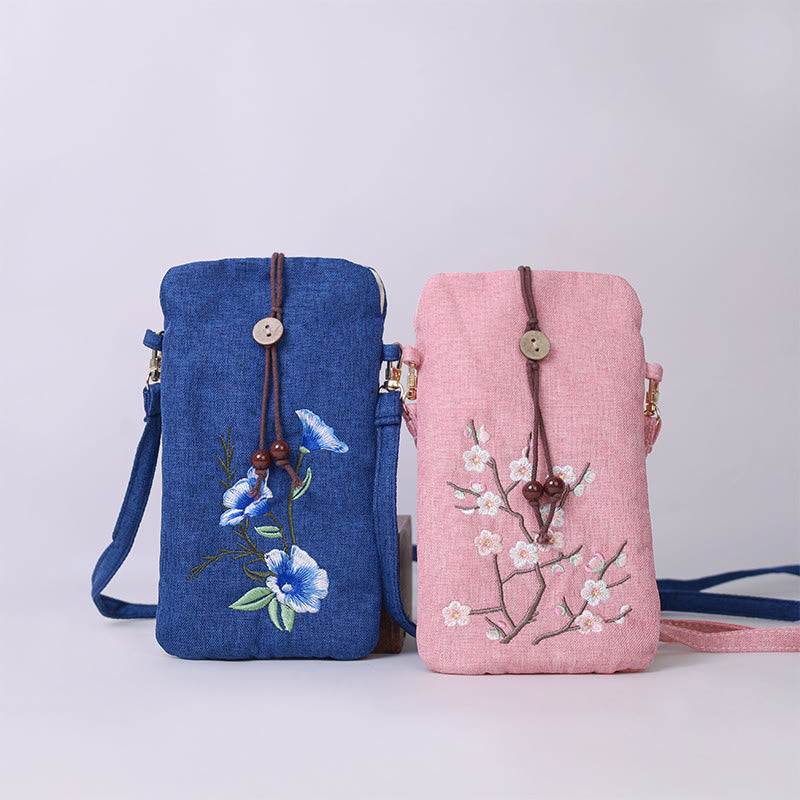 Buddha Stonesの小さな刺繍の花のクロスボディバッグ、ショルダーバッグ、携帯電話バッグ、11×20cm