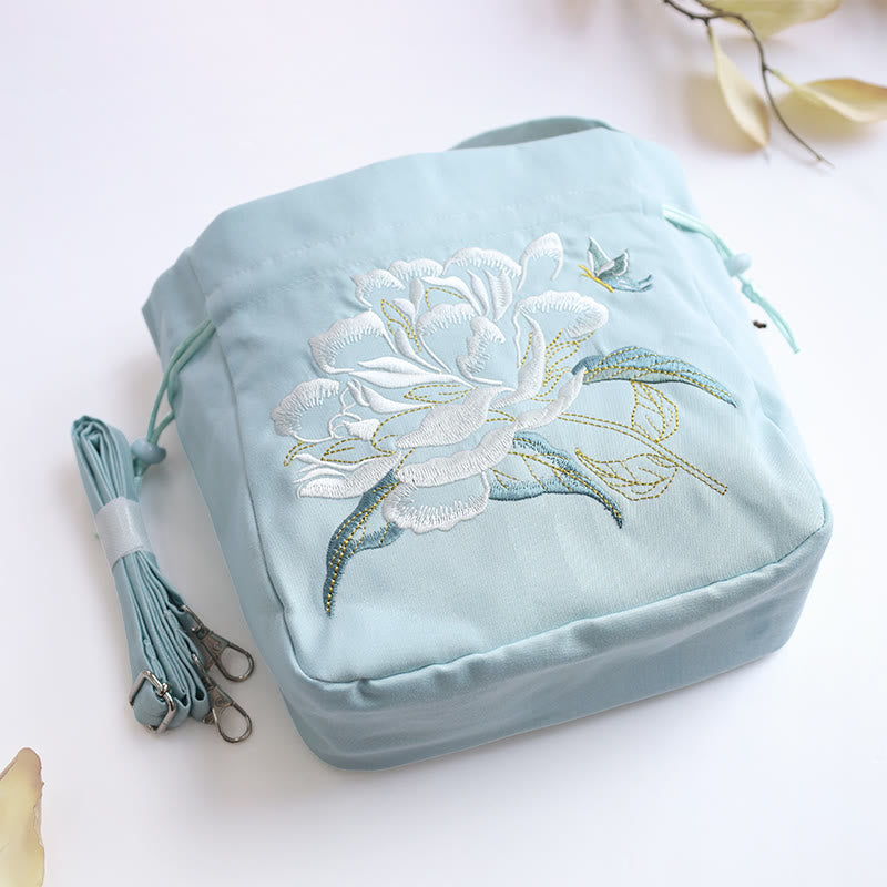 Buddha Stones刺繍の花と藤とユリのコットンリネントートバッグ、クロスボディバッグ、ショルダーバッグ、ハンドバッグ