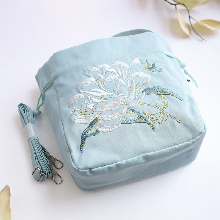 Buddha Stones刺繍の花と藤とユリのコットンリネントートバッグ、クロスボディバッグ、ショルダーバッグ、ハンドバッグ
