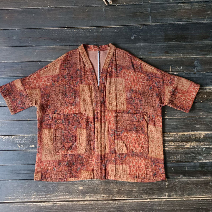 Buddha Stonesオレンジフラワージオメトリックプリントコットンオープンフロントジャケット（ポケット付き） - image 15
