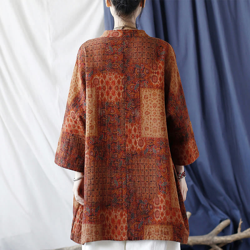 Buddha Stonesオレンジフラワージオメトリックプリントコットンオープンフロントジャケット（ポケット付き） - image 3