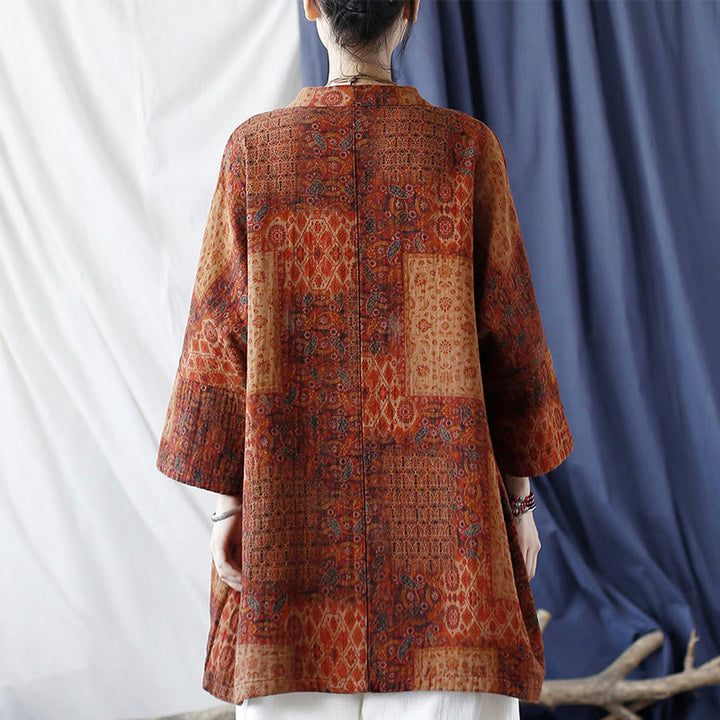 Buddha Stonesオレンジフラワージオメトリックプリントコットンオープンフロントジャケット（ポケット付き） - image 3
