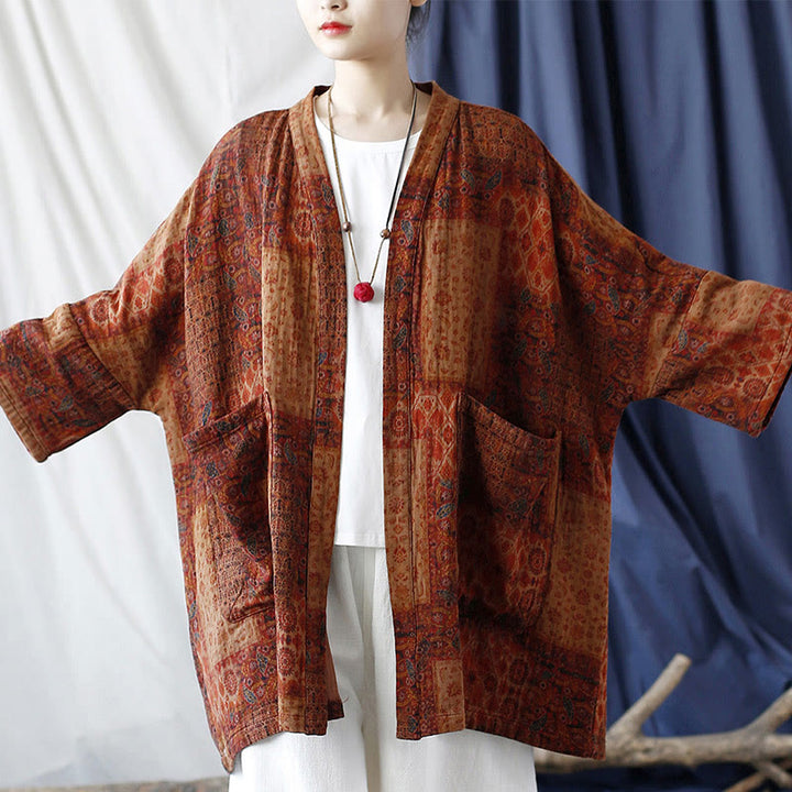 Buddha Stonesオレンジフラワージオメトリックプリントコットンオープンフロントジャケット（ポケット付き） - image 5