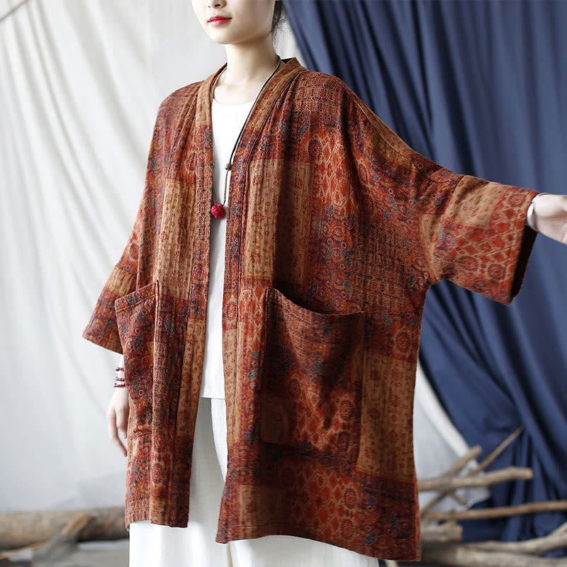 Buddha Stonesオレンジフラワージオメトリックプリントコットンオープンフロントジャケット（ポケット付き） - image 4