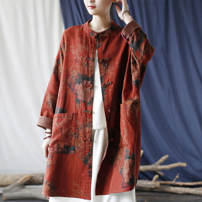 Buddha Stonesオレンジ牡丹花コットンリネンフロッグボタンオープンフロントジャケット ポケット付き - image 5
