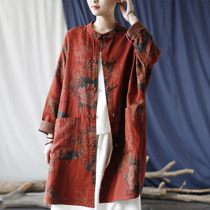 Buddha Stonesオレンジ牡丹花コットンリネンフロッグボタンオープンフロントジャケット ポケット付き - image 5