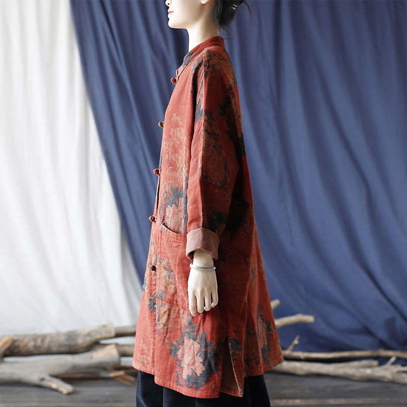 Buddha Stonesオレンジ牡丹花コットンリネンフロッグボタンオープンフロントジャケット ポケット付き - image 4