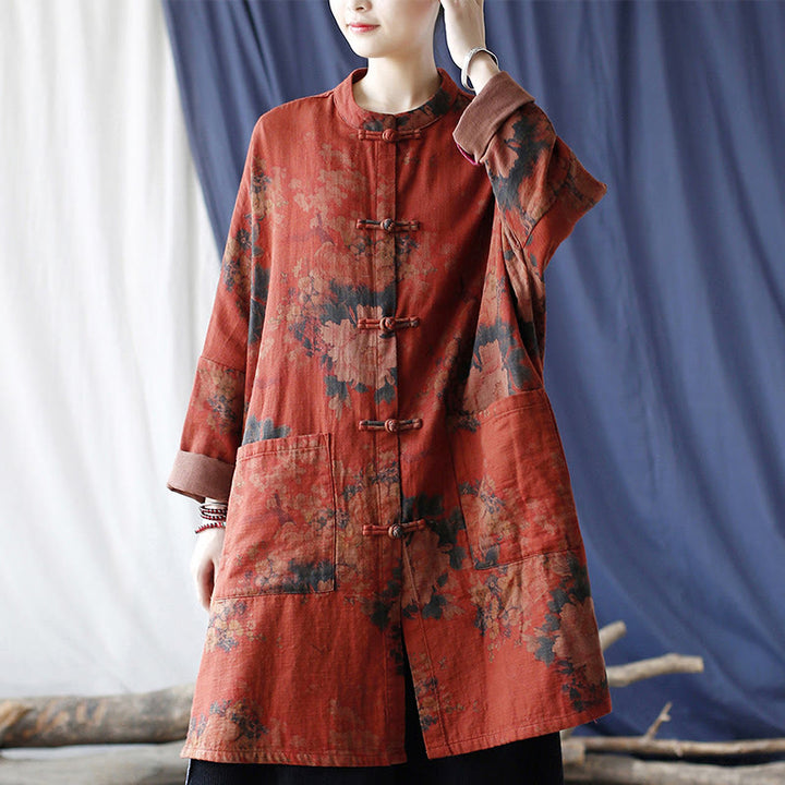 Buddha Stonesオレンジ牡丹花コットンリネンフロッグボタンオープンフロントジャケット ポケット付き - image 15