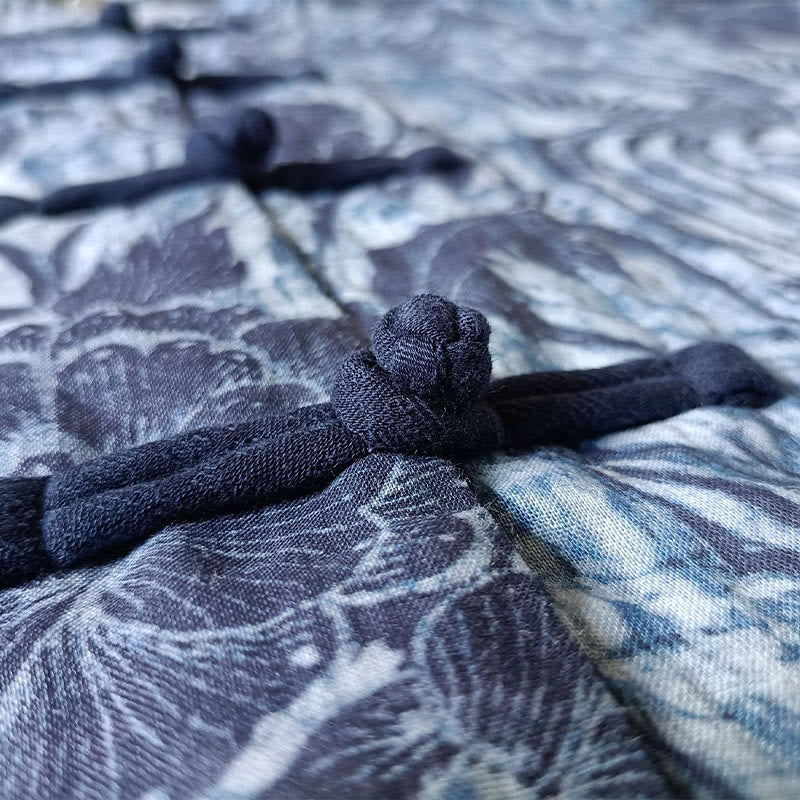 Buddha Stonesレトロブルーホワイトフラワーフロッグボタンデザイン長袖ラミーリネンジャケットシャツ - image 9