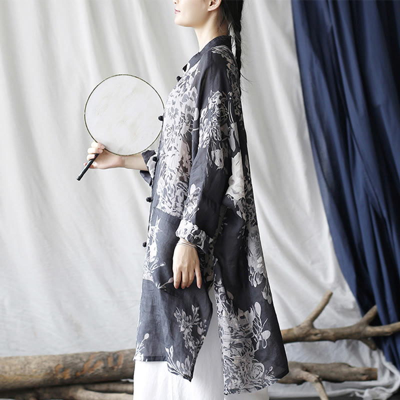 Buddha Stones、青、白の花、カエルボタン、長袖ラミーリネンジャケット、ポケット付きシャツ - image 6