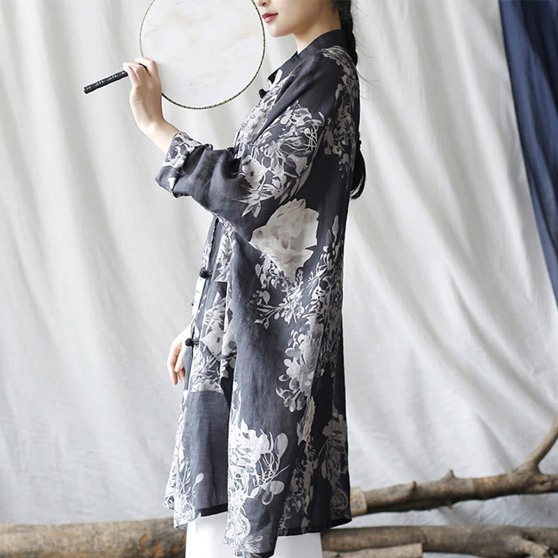 Buddha Stones、青、白の花、カエルボタン、長袖ラミーリネンジャケット、ポケット付きシャツ - image 2