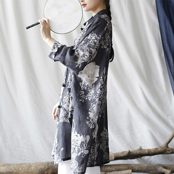 Buddha Stones、青、白の花、カエルボタン、長袖ラミーリネンジャケット、ポケット付きシャツ - image 2