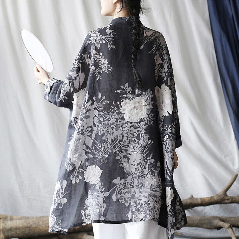 Buddha Stones、青、白の花、カエルボタン、長袖ラミーリネンジャケット、ポケット付きシャツ - image 3