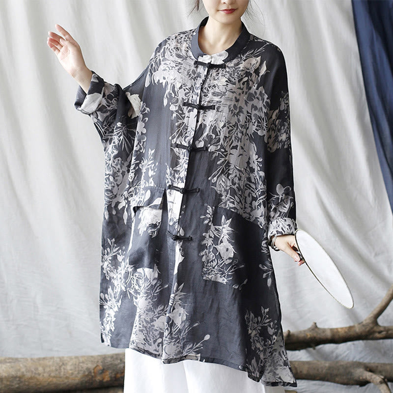 Buddha Stones、青、白の花、カエルボタン、長袖ラミーリネンジャケット、ポケット付きシャツ - image 7