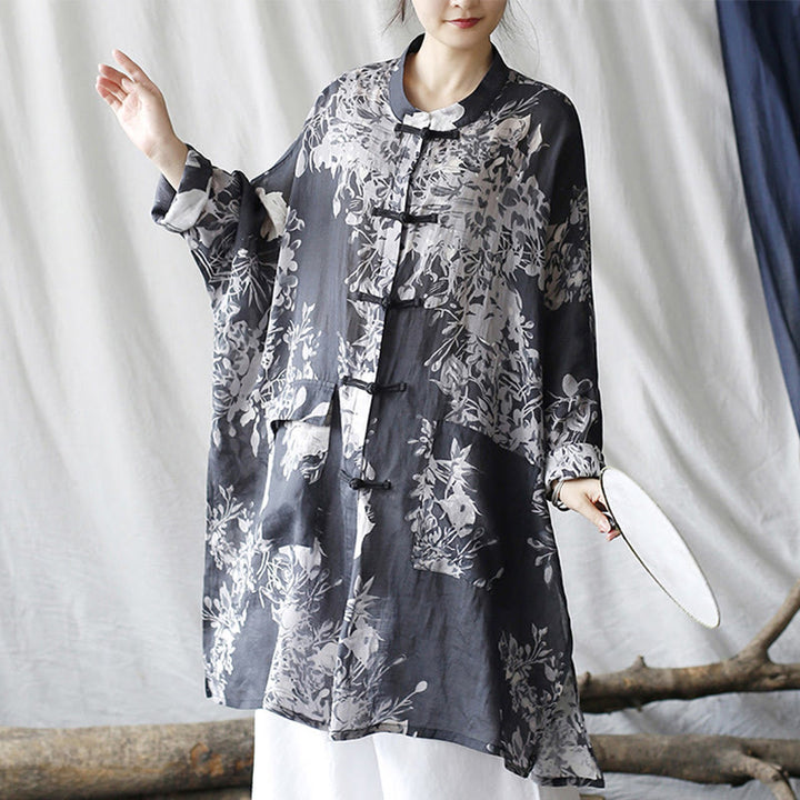 Buddha Stones、青、白の花、カエルボタン、長袖ラミーリネンジャケット、ポケット付きシャツ - image 7