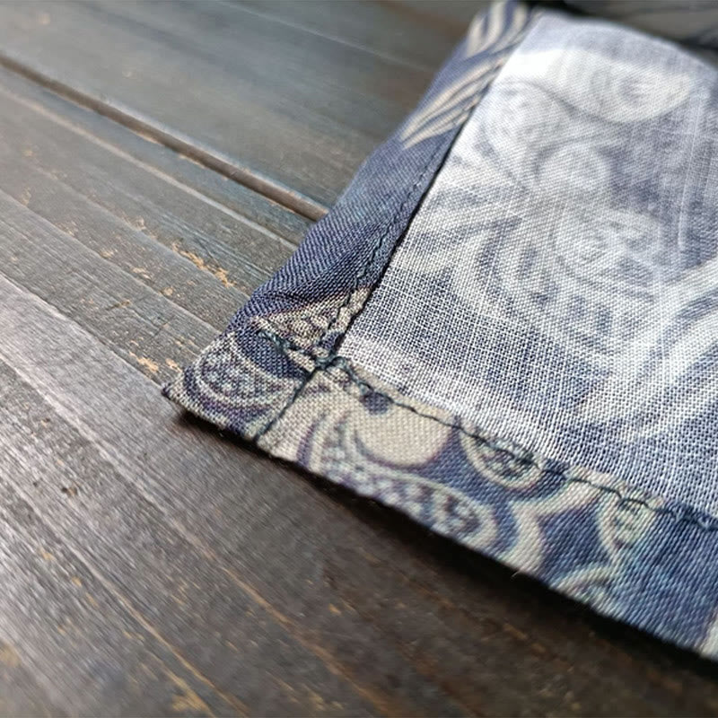 Buddha Stones、鳥、花、幾何学模様のカエルボタン長袖ラミーリネンジャケットシャツ - image 12