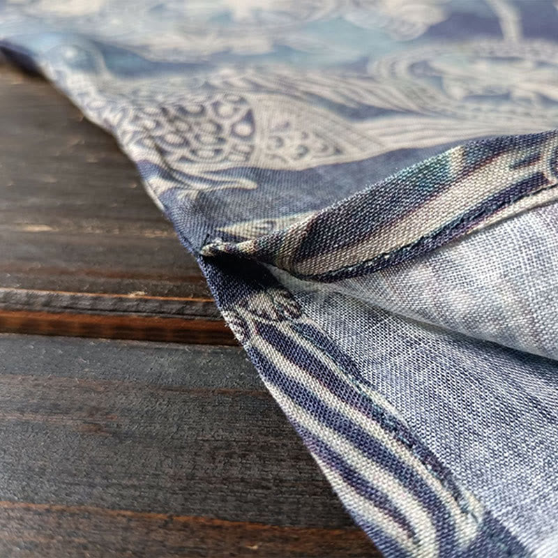 Buddha Stones、鳥、花、幾何学模様のカエルボタン長袖ラミーリネンジャケットシャツ - image 11