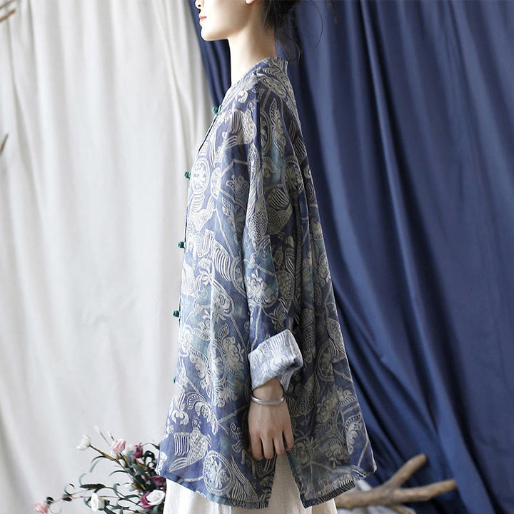 Buddha Stones、鳥、花、幾何学模様のカエルボタン長袖ラミーリネンジャケットシャツ