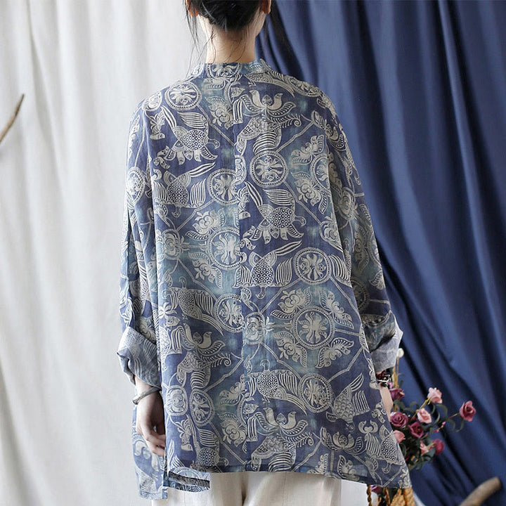 Buddha Stones、鳥、花、幾何学模様のカエルボタン長袖ラミーリネンジャケットシャツ