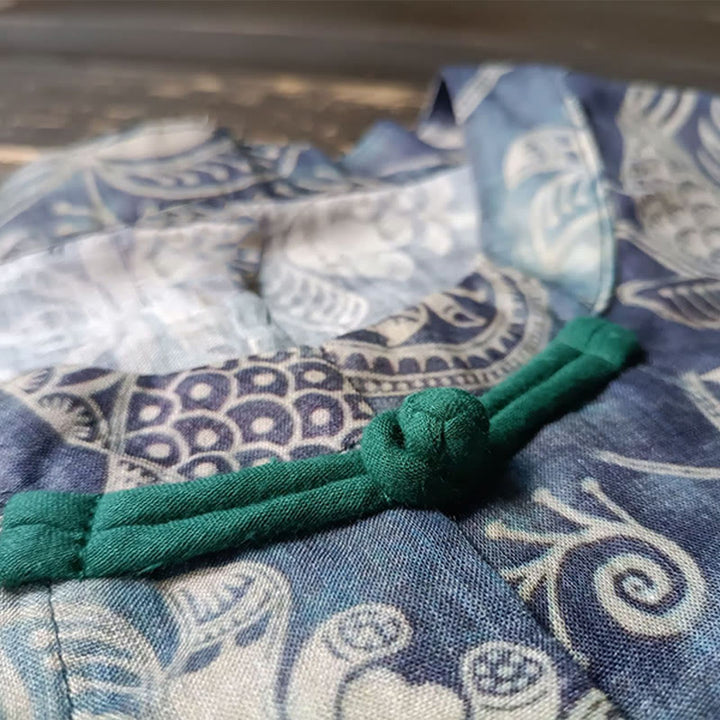 Buddha Stones、鳥、花、幾何学模様のカエルボタン長袖ラミーリネンジャケットシャツ - image 8