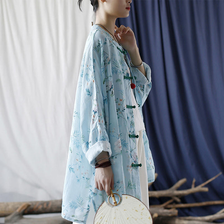 Buddha Stones、ライトグリーン、ピンクの花、緑の葉、カエルボタンの長袖ラミーリネンジャケットシャツ - image 5