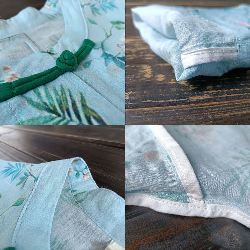 Buddha Stones、ライトグリーン、ピンクの花、緑の葉、カエルボタンの長袖ラミーリネンジャケットシャツ - image 9