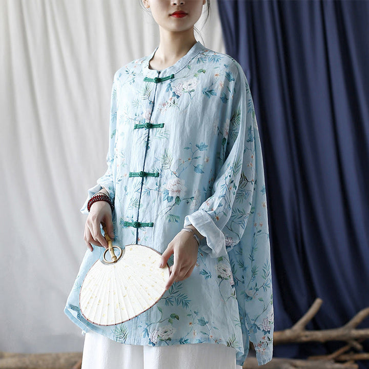 Buddha Stones、ライトグリーン、ピンクの花、緑の葉、カエルボタンの長袖ラミーリネンジャケットシャツ - image 29