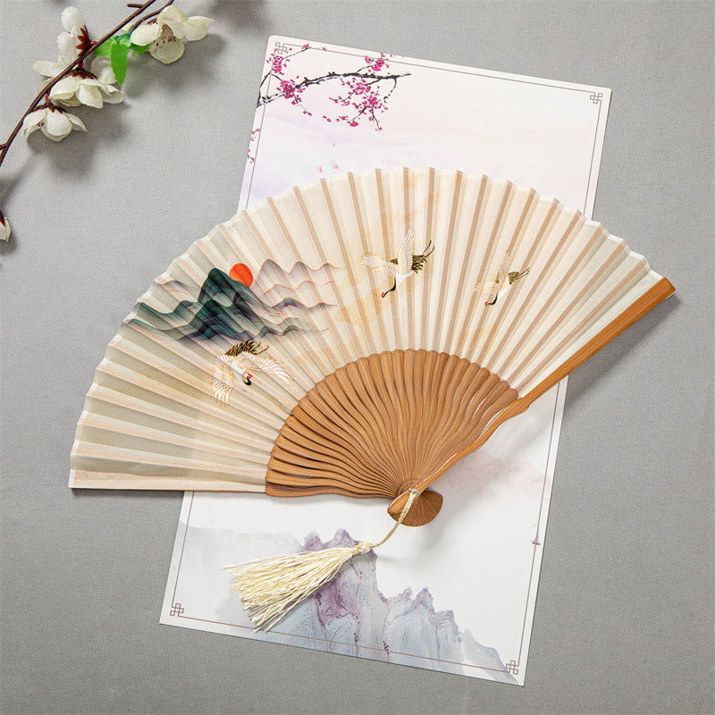 Buddha Stones飛翔白鶴日雲手持ちシルク竹扇子 22cm - ブラウンクレーンサン 22cm - image 2