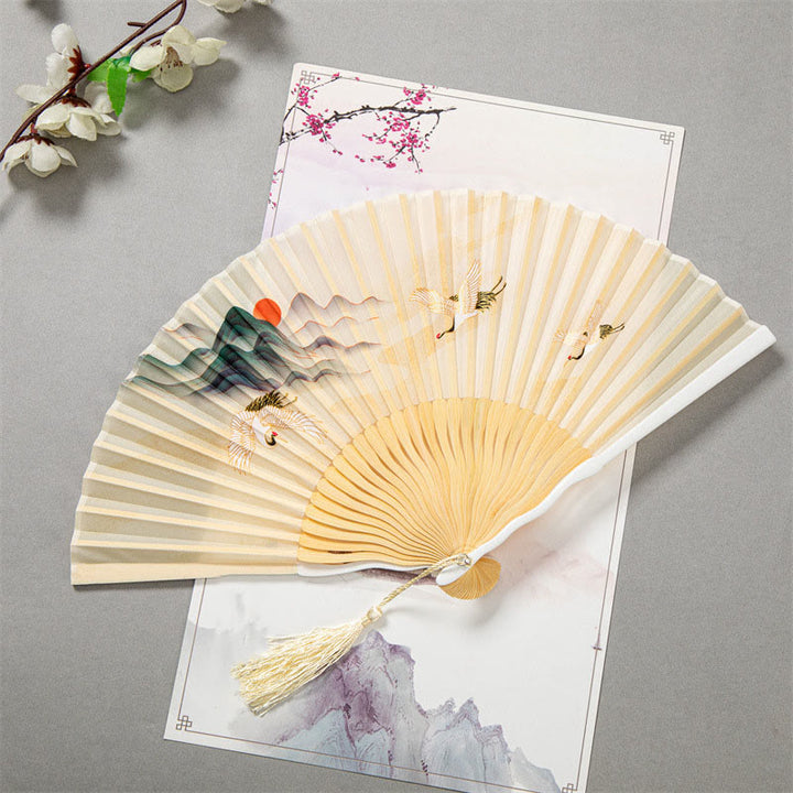 Buddha Stones飛翔白鶴日雲手持ちシルク竹扇子 22cm - 白鶴太陽 22cm - image 0