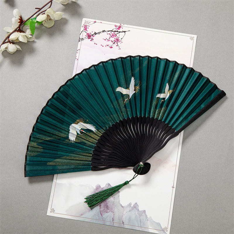 Buddha Stones飛翔白鶴日雲手持ちシルク竹扇子 22cm - 緑の三羽の鶴 22cm - image 7