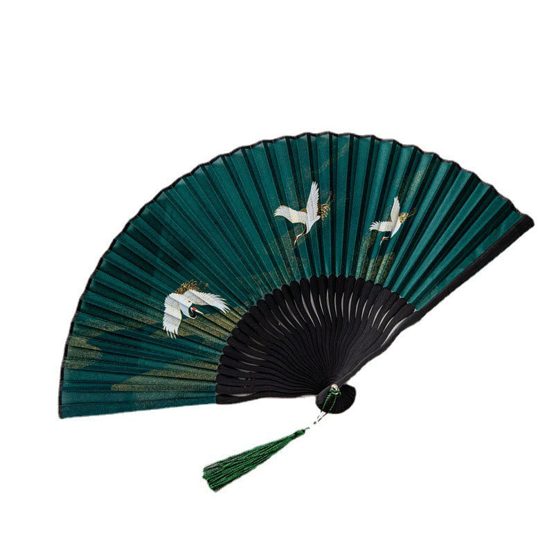 Buddha Stones飛翔白鶴日雲手持ちシルク竹扇子 22cm