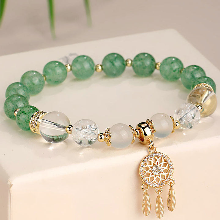 Buddha Stonesグリーンストロベリークォーツ アメジスト クリスタル ドリームキャッチャー ヒーリングブレスレット