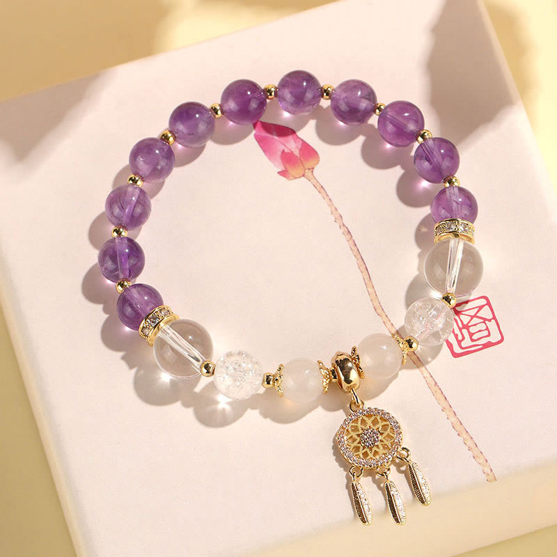 Buddha Stonesグリーンストロベリークォーツ アメジスト クリスタル ドリームキャッチャー ヒーリングブレスレット