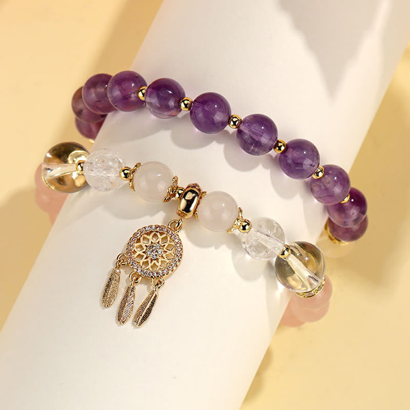 Buddha Stonesグリーンストロベリークォーツ アメジスト クリスタル ドリームキャッチャー ヒーリングブレスレット
