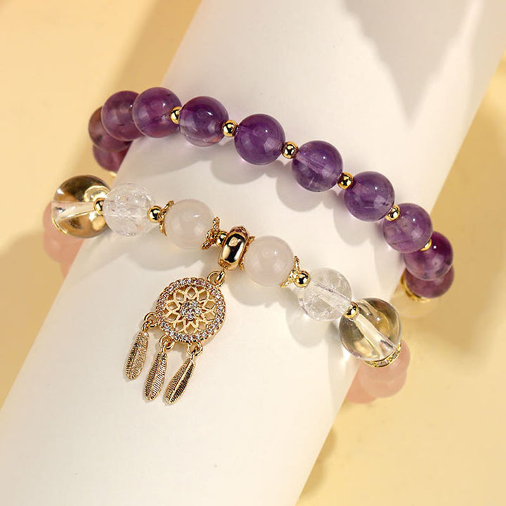 Buddha Stonesグリーンストロベリークォーツ アメジスト クリスタル ドリームキャッチャー ヒーリングブレスレット