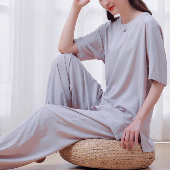 Buddha Stones 2点セット 半袖Tシャツ パンツ 瞑想 禅 太極拳 コットンリネン ユニセックスセット