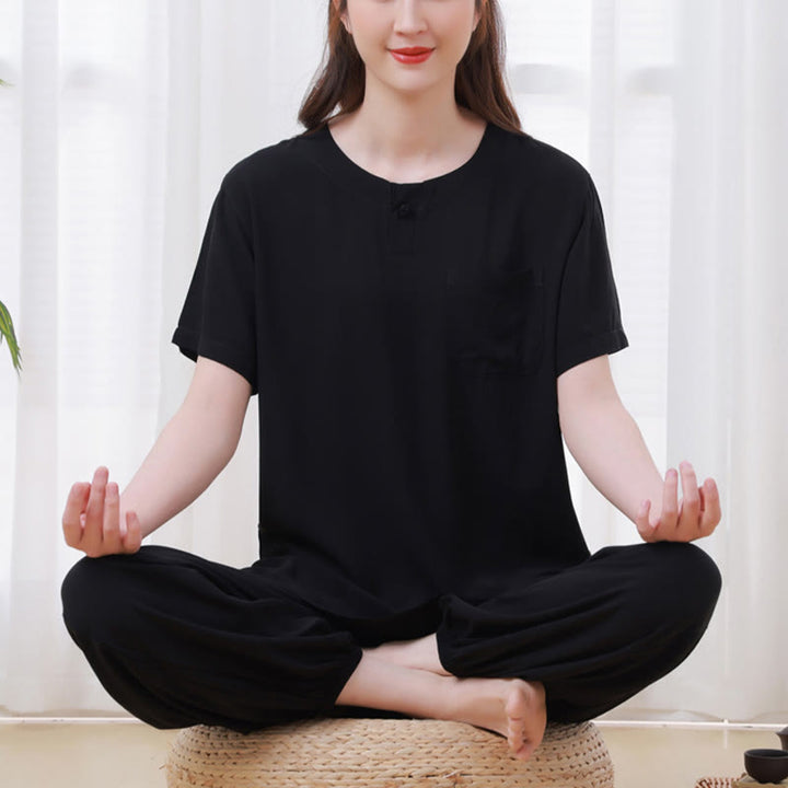 Buddha Stones 2点セット 半袖Tシャツ パンツ 瞑想 禅 太極拳 コットンリネン ユニセックスセット