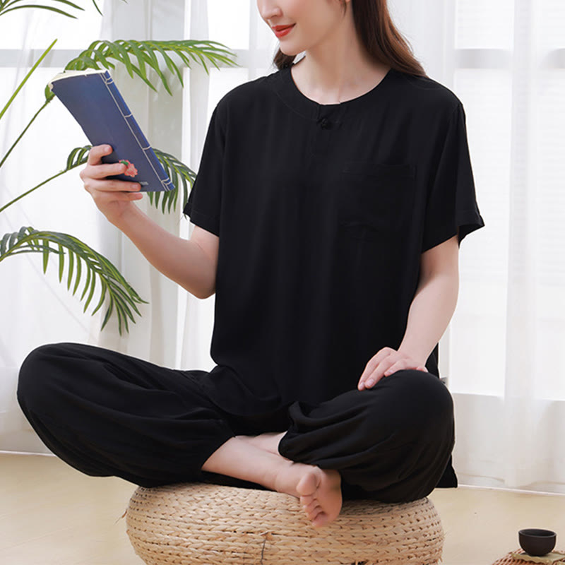 Buddha Stones 2点セット 半袖Tシャツ パンツ 瞑想 禅 太極拳 コットンリネン ユニセックスセット