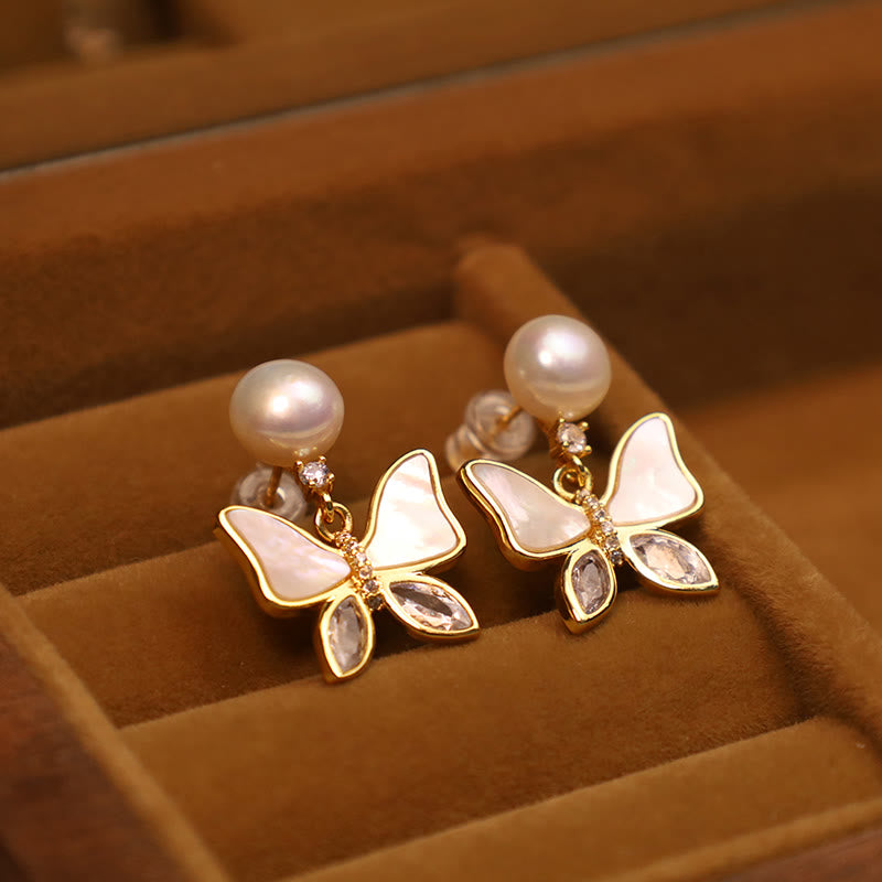 Buddha Stones18Kゴールドメッキ銅製天然シェルパールバタフライシンセリティスタッドピアス