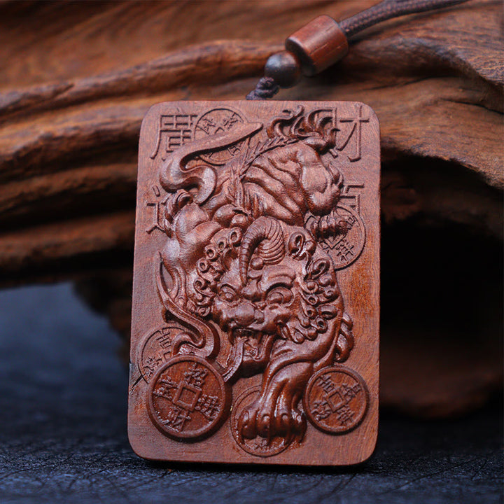 Buddha Stones天然雷撃ナツメ木 貔貅銅貨 幸運のネックレスペンダント
