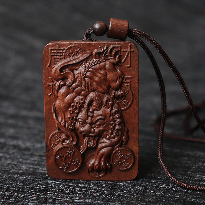 Buddha Stones天然雷撃ナツメ木 貔貅銅貨 幸運のネックレスペンダント