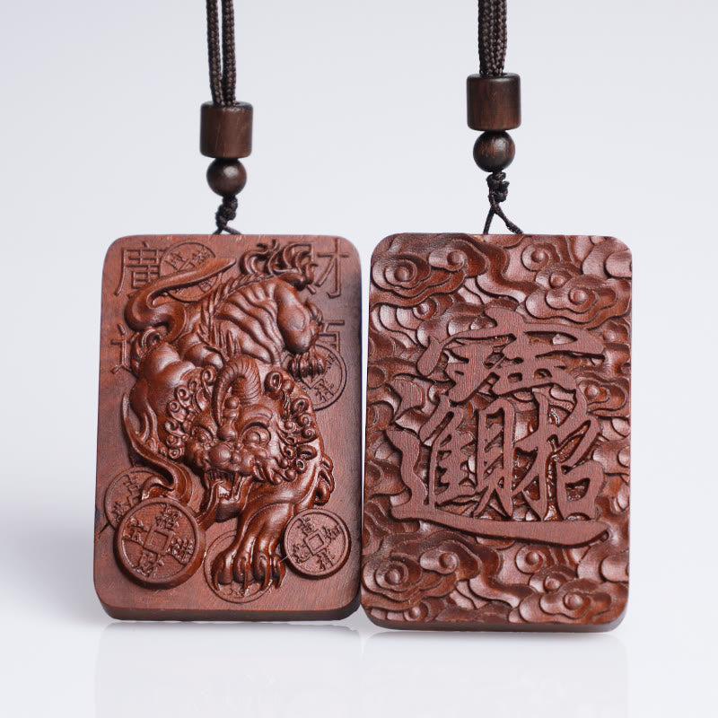 Buddha Stones天然雷撃ナツメ木 貔貅銅貨 幸運のネックレスペンダント