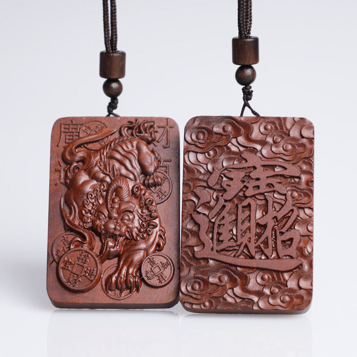 Buddha Stones天然雷撃ナツメ木 貔貅銅貨 幸運のネックレスペンダント