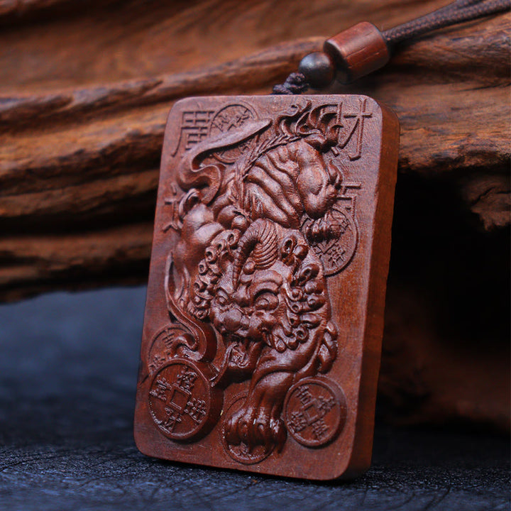 Buddha Stones天然雷撃ナツメ木 貔貅銅貨 幸運のネックレスペンダント
