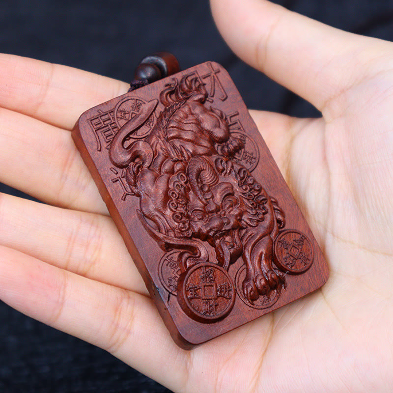 Buddha Stones天然雷撃ナツメ木 貔貅銅貨 幸運のネックレスペンダント